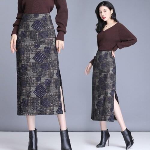 TingYiLi Vintage Woolen Straight Pencil Skirt Spring Autumn Womens Skirt Korean Style Elegant Office Long Skirt With Slit
