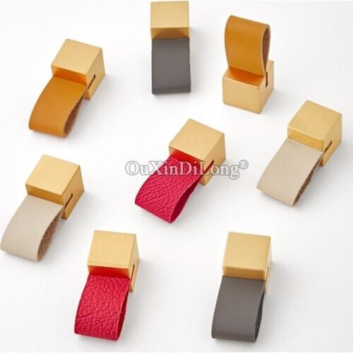 Top Quality 10PCS Solid Brass+Cow Leather Cabinet Door Handles Cupboard Wardrobe Drawer Kitchen Cabinet Pulls Handles & Knobs