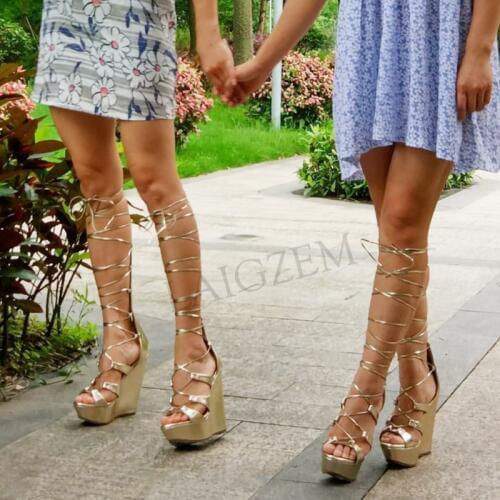 LAIGZEM Women Gradiator Lace Up Sandals Platform Wedge Heels Sandals Shoes Back Zip Vacation Sexy Sandalia Zapato Big Size 34-52