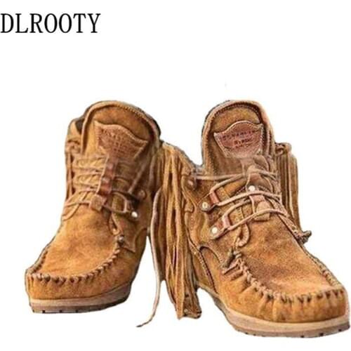 Women Ankle Martin Boots Fringe Spring Female Casual Shoes Flat Fashion Platform Lace Up Solid Comfortable Plus Size 35-43