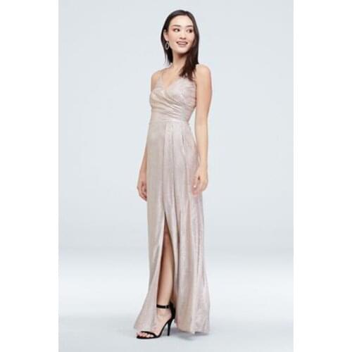Glitter Metallic Draped Double Skinny Strap Gown Floor-Length Sleeveless Dew Shoulder Backless Evening Dress Women Elegant