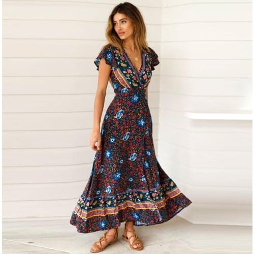 Long Dress Women Casual Vintage Floral Boho Dress Loose Split Wrap Party Beach V Neck Sexy Short Sleeve Summer Maxi Dress