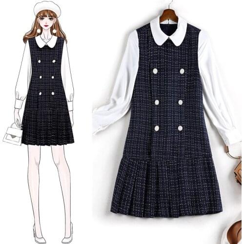 4XL 5XL women 2020 autumn winter plus size plaid tweed dresses sweet peter pan collar patchwork buttons dress Y754