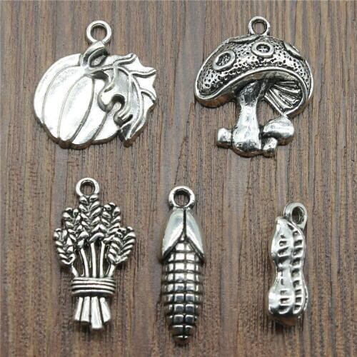 20pcs Food Charms Antique Silver Color Mushroom Charm Pendants Jewelry Accessories Pumpkin Corn Charms For Jewelry Making