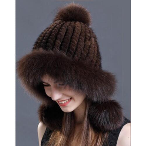 Free Shipping CX-C-60C Russia Winter Luxury Hand Knitted Fox Fur Trim Real Mink Fur Hat