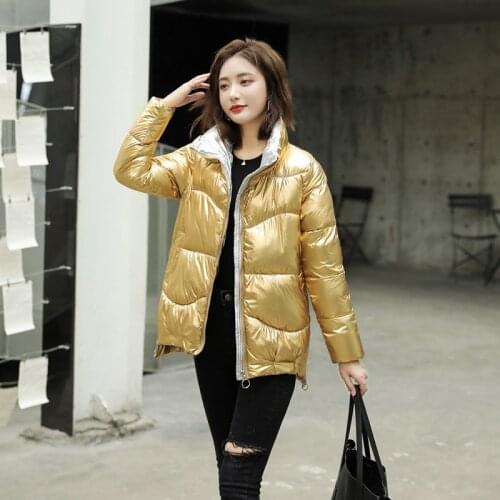 Shiny Puffer Coat Women Stand Collar Long Sleeve Zipper Ladies Winter Down Jacket Solid Gold Casual Outwear for Female 2021