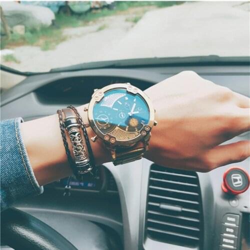 Brand Dual Time Display Business Watches for Men Golden Steel Strip Sport Quartz Moon Phase Chronograph Watch Relogio Masculino