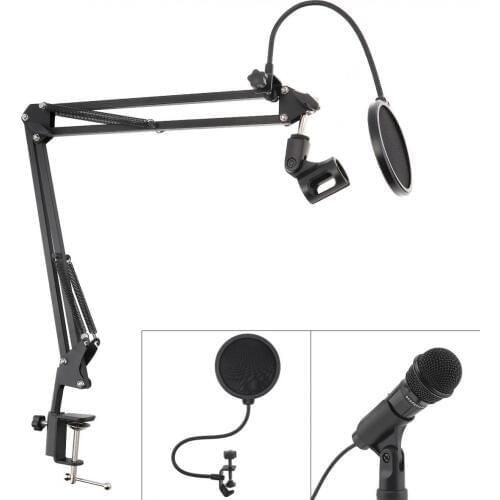 Microphone Bracket Adjustable Table Clip with Double Layer Microphone Pop Filter for Live Broadcast Studio Speaking Recording