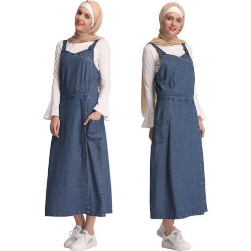 Denim Vestidos Kaftan Arabic Islamic Muslim Dress Halter Jean Abaya Dubai Robe Musulmane Caftan Turkey Clothing Romper Women