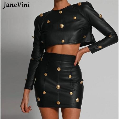JaneVini Fashion Leather Two Piece Skirt Set Long Sleeve Crop Top and Mini Skirt Gold Button Black Women Party Club Matching Set