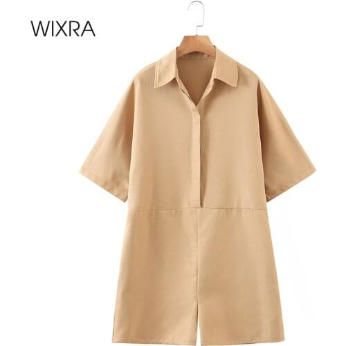 Wixra Womens Turn Down Collar Button Short Sleeve Solid Fashion Pullover Playsuit Ladies 2021 Casual Loose Jumpsuits