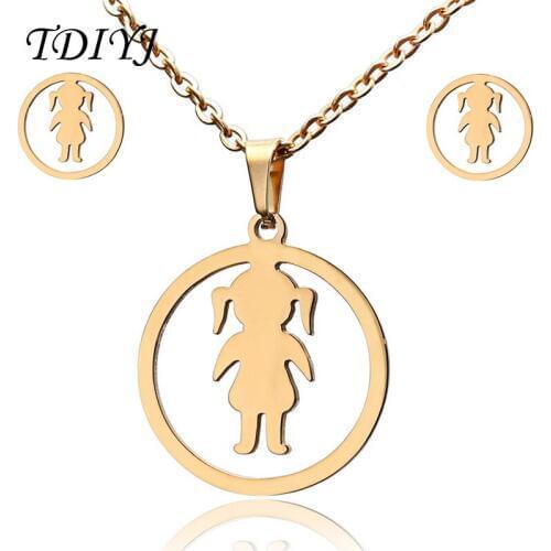 TDIYJ Stainless Steel Round Gold Necklace Earring Sets Cute Girl Pendant Necklace for Party Wedding