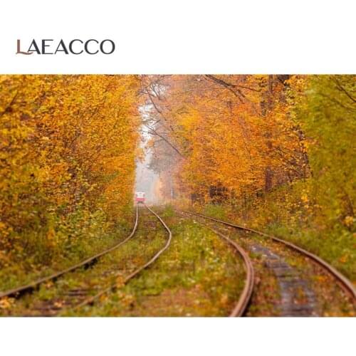 Laeacco Autumn Yellow Tree Fallen Leaves Train Railway Corner Morning Scenic Photo Backdrop Photographic Background Photo Studio