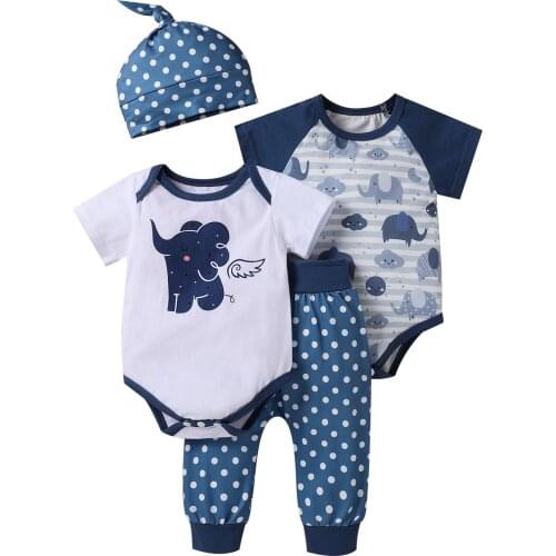 Citgeett Summer Infant Newborn baby Boys Girls Outfits Elephant Pattern Short Sleeve Rompers + Dot Print Pants + Hat Clothes