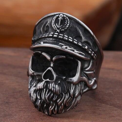 Gothic Big Bearded Navy Captain Skull Ring For Men Stainless Steel Skull Biker Ring Punk Hip Hop Fashion Jewelry Wholesale