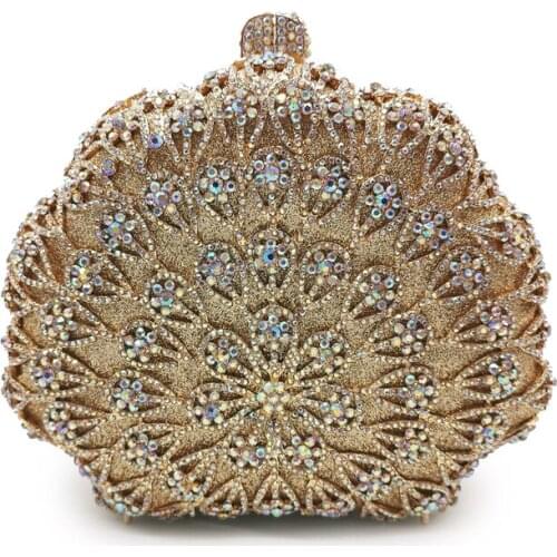 New Gold Metal AB Crystal Clutch Purse Elegant Evening Clutch Bags Hollow Out Ladies Shoulder Messenger Bag Phone Case