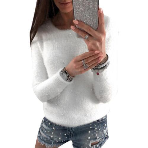 Autumn Winter Sweater Women Fashion Faux Pearl Beading Solid Color Sweaters Plush Long Sleeve Pullover Warm Sweater pull femme