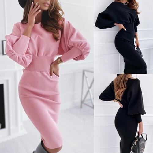 Autumn Casual Women Slim Bag Hip Solid Waist Knitted Dress 2020 Waist Bodycon Office Female Black Solid Color Womens Dress