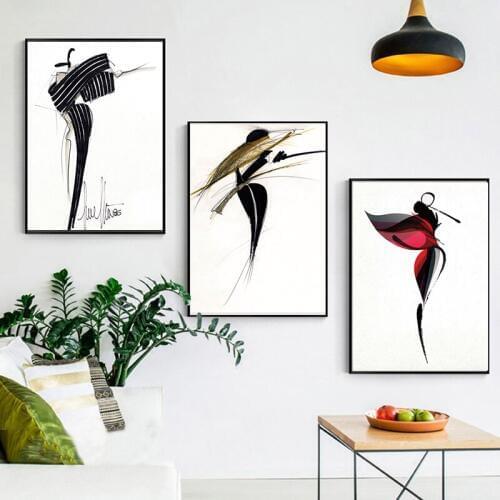 Nordic Poster Wall Art Canvas Painting Line Geometric Girl Model Clothes Stick Figure Fashion Wall Home Living Room Decorative