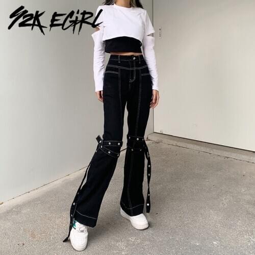 Y2K EGIRL Mall Goth Y2K High Waist Denim Flare Pants E-girl Punk Style Lace Up Black Jeans Vintage Streetwear Alt Trousers Slim