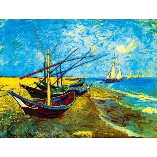 Needlework,For Embroidery,DI 14CT Unprinted Art Cross stitch kits Van Gogh Boat on the Beach Scenery Cross-Stitching Decor