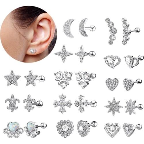 1PC Crystal Stud Earrings Heart Tragus Ear Cartilage Piercing Helix Stainless Steel Screw Back Earring Set Rook Conch Jewelry