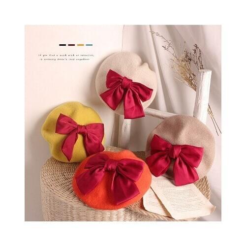 Fashion Wool Baby Hat for Girls Candy Color Elastic Infant Baby Beret Hat Kids Caps with big bow for Girls 2-6Years 1 PC