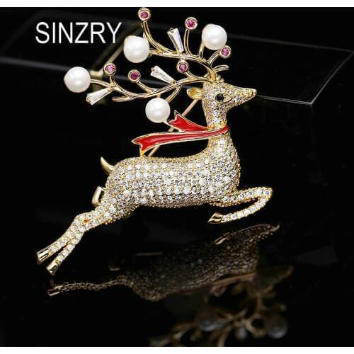 SINZRY Elegant cubic zircon micro paved lovely deer Brooches pin lady imitation pearl scarf buckle dressing accessory