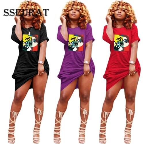 SSEURAT Women Summer Mini Dress Print Loose Short Sleeve Sexy Party Night Club Street Bandage Dresses Vestidos