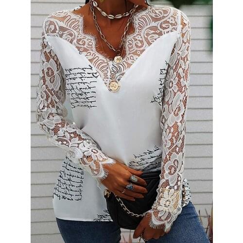 Tops 2021 Summer New Woman Slim Lace Shirts Women Letter Print Loose Shirt Female Sexy V-Neck Shirt