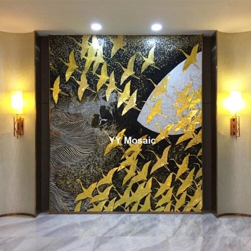 High-end Hand Cut Gold Bird Mural Glass Wall Mosaic Tiles, Bathroom Living Room Stair Wall Decoration Customized Pattern