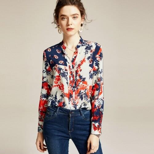 European Station 2021 Summer New Womens Clothing, V-neck Long Sleeve Silk Printed Shirt Womens Slimming Top