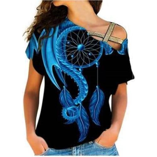 Womens Over Print Cross Shoulder Shirt Native Cross Short Sleeve Off-Shoulder Shirts Casual One-Shoulder Shirt Top Tee