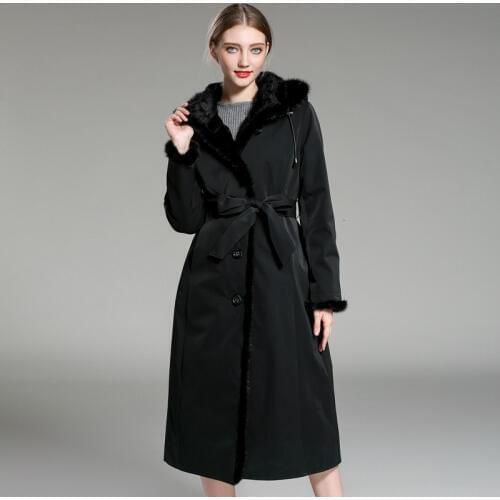 Vintage Hooded Long Jacket Women Natural Real Rabbit Fur Inside Coat Parka Ladies Winter Warm Thick Snow Outwear Overcoat