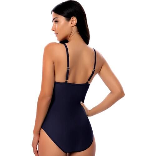 LUKITAS Sexy Deep-V Neck One Piece Swimsuit Women Push Up Wirefree Solid Swimming Suit Shoulde Beachwear Swimwear Plus Size XXL