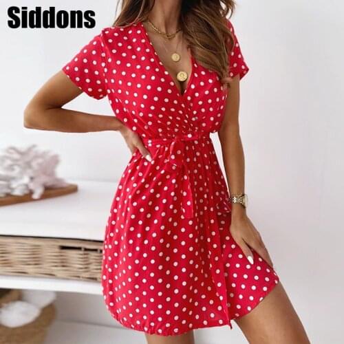 Women Summer Tie-Up Belted Polka Dot Print Mini Dress Elegant Office Lady Dress Sexy V Neck Short Sleeve Party Dress