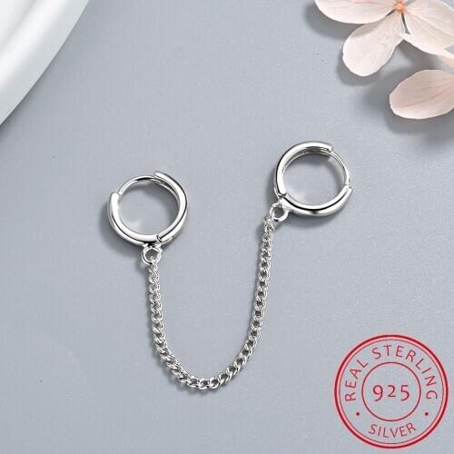 1PC 2020 New 925 Sterling Silver Double Ear Hole Chain Hoop Earring For Women Minimalist Jewelry Dropshipping S-E971