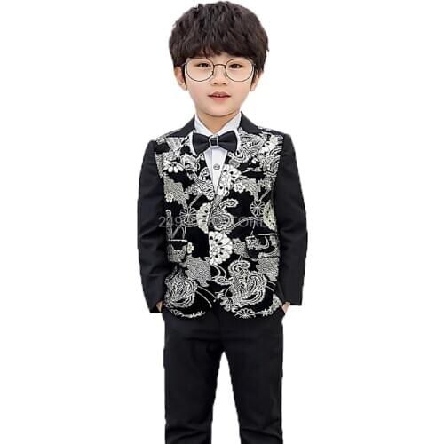 Flowers Boys Formal GILDING process Jacket + Pants 2Pcs Wedding Suit Kids Party Tuxedo Dress Children Performance Costume