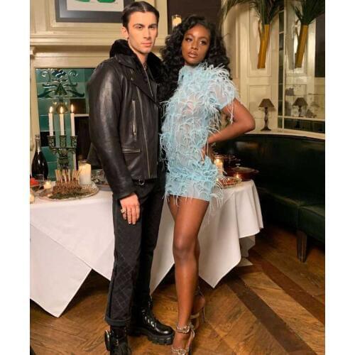 2020 Sexy Light Blue High Collar Short Sleeve Mini Length Short Feather Cocktail Dresses