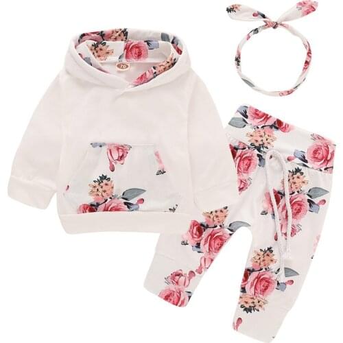 2021 Toddler Baby Girl Clothes Set Newborn Girl Outfit White Pocket Hoodie Top + Floral Print Pant Headband Winter New Born Suit