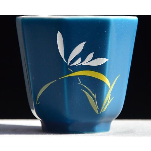 999 Gilded Silver Cup Plum Blossoms Orchids Bamboo Chrysanthemum Kung Fu Tea Cup Blue Matte Silver Cup