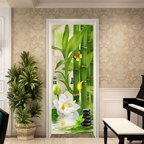 Bamboo Stone Lotus 3D Photo Door Stickers PVC Self-adhesive Living Room Mural Wall Sticker Poster DIY Wallpaper Door Decoration