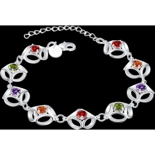 Garilina Inlaid Round Orange Red Green Purple Cubic Zirconia Silver Color Charm Bracelet For Women Jewelry AB2048