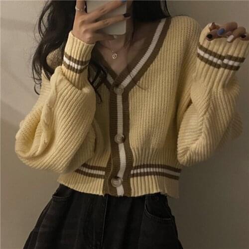 Korean Chic Autumn Loose Short V Neck Lazy Long Sleeve Striped Sweater Women Coat Clothes Thick Warm Crop Cardigan Casual Retro