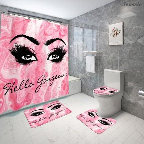Hot Selling Pink Color Shower Curtain 3D Black Eyeshadow Girls High Heels Bath Curtain Toilet Cover Non-Slip Mat Bathroom Decor