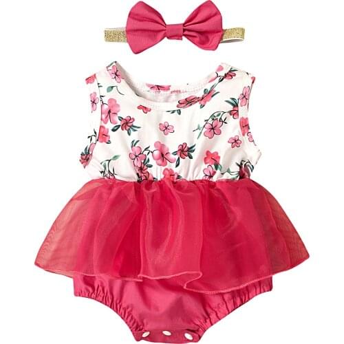 Summer Cute Baby Girl Floral Romper Newborn Toddlers Sleeveless Round Collar Lace Tutu Jumpsuits with Bow Headband for 0-24M