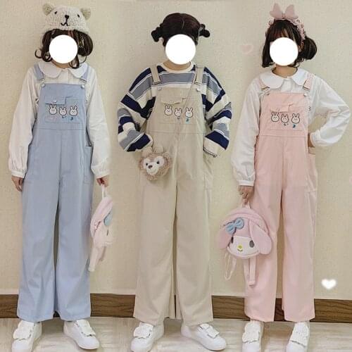 Cute Womens Corduroy Suspender Straps Jumpsuit Straight Trousers Lovely Embroidery Overall Jeans Loose Pants