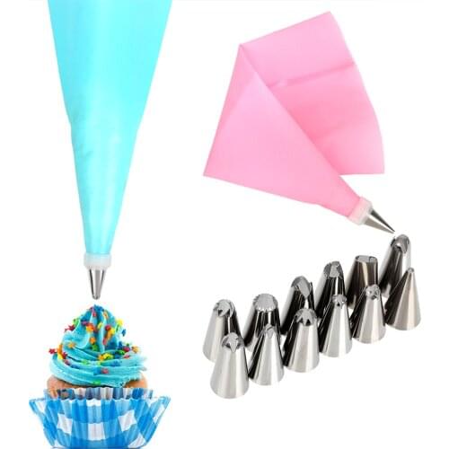 HILIFE Reusable Silicone Icing Piping Cream Pastry Bag +12 Nozzle Sets DIY Cake Decorating Tool 14pcs/set Pastry Tips Converter