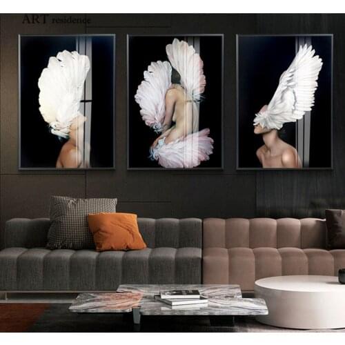 Nude girl feather posters and prints, modern painting, figure oil painting, canvas mural, living room, bedroom, home decoration