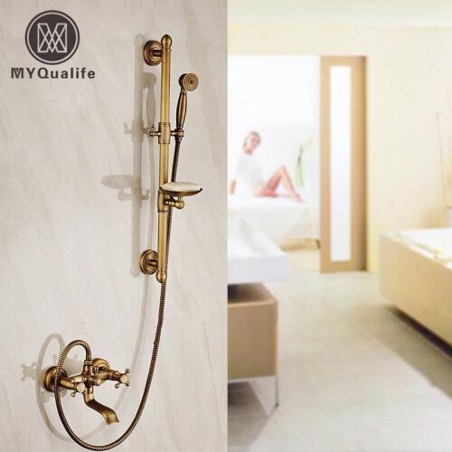 Luxury Wall Mounted Brass Antique Shower Mixer Faucet Dual Handle + Rotation Tub Filler + Sliding Bar + Soap Dish + Handshower